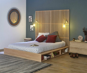 Ma Chambre d'Enfant Lit adulte avec sommier et tête de lit haute Dune  Bois naturel 140x190 cm