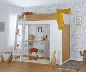 Ma Chambre d'Enfant Lit mezzanine enfant avec armoire Azou  Blanc et noisette 90x190 cm