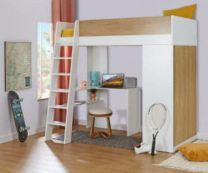 Ma Chambre d'Enfant Lit mezzanine ado avec armoire Azou  Blanc et noisette 90x190 cm