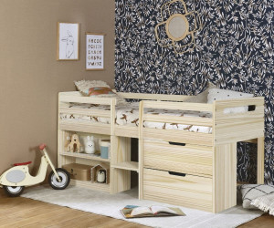 Ma Chambre d'Enfant Lit mi-hauteur enfant avec rangement et matelas Owaki  Bois naturel 90x190 cm/Opt:Matelas Norway 13 cm