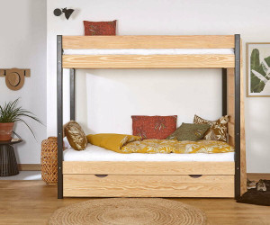 Ma Chambre d'Enfant Lit superposé gigogne enfant 3 places Caly  Noir et bois 90x190 cm