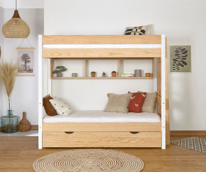 Ma Chambre d'Enfant Lit superposé gigogne ado 3 places Caly  Bois et blanc 90x190 cm
