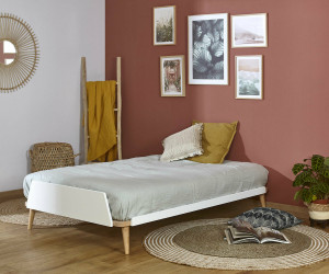 Ma Chambre d'Enfant Lit ado avec sommier Kyou  Blanc et bois 90x190 cm