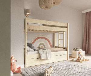 Ma Chambre d'Enfant Lit superposé gigogne enfant 3 places Yudi  Bois naturel 80x200 cm