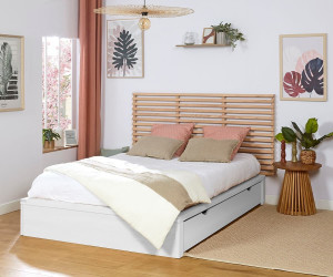 Ma Chambre d'Enfant Lit adulte avec sommier Uma et tête de lit Elvy  Blanc et bois 140x200 cm