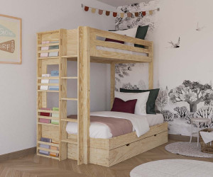 Ma Chambre d'Enfant Lit superposé enfant 4 couchages Burton  Bois naturel 90-120x190 cm/Opt:Sommier gigogne 70x190 cm