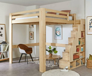 Ma Chambre d'Enfant Lit mezzanine enfant évolutif en hauteur avec escalier et matelas Maverick  Bois naturel 200x200 cm/Opt:Matelas Airfresh 120x200