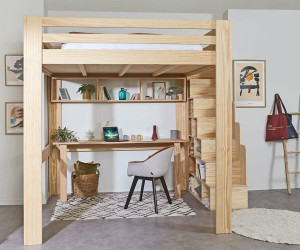 Ma Chambre d'Enfant Lit mezzanine ado 200x200 cm avec escalier Maverick  Bois naturel 160x200 cm