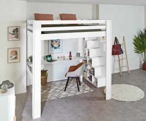 Ma Chambre d'Enfant Lit mezzanine ado 200x200 cm avec escalier et bureau Maverick  Blanc 200x200 cm