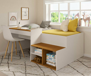 Ma Chambre d'Enfant Lit combiné ado avec bureau Bonnie  Blanc et noisette 90x190 cm