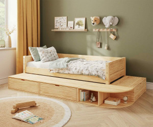 Ma Chambre d'Enfant Lit banquette enfant avec estrade et matelas Combeebed  Bois naturel 90x200 cm/Opt:Matelas Norway 13 cm