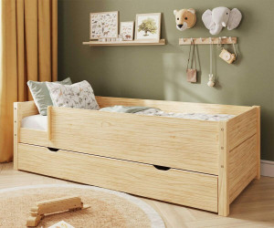 Ma Chambre d'Enfant Lit gigogne enfant avec 2 barrières et 2 matelas Combeebed  Bois naturel 90x200 cm Avec caches sommier Matelas Airfresh 15 cm