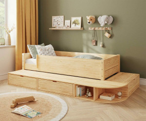 Ma Chambre d'Enfant Lit enfant avec 2 barrières, estrade et matelas Combeebed  Bois naturel 90x200 cm/Opt:Matelas Airfresh 15 cm