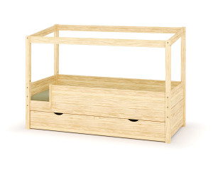 Ma Chambre d'Enfant Lit cabane gigogne enfant Combeebed  Bois naturel 90x200 cm Avec caches sommier Sans toit et porte 2 barrières