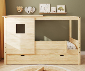 Ma Chambre d'Enfant Lit cabane gigogne enfant Combeebed  Bois naturel 90x200 cm Sans caches sommier Avec toit et porte 1 barrière