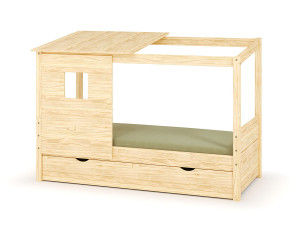 Ma Chambre d'Enfant Lit cabane gigogne enfant et matelas Combeebed  Bois naturel 90x200 cm Avec caches sommier Avec toit et porte Sans barrière