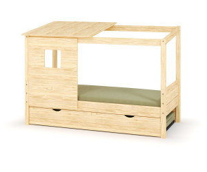 Ma Chambre d'Enfant Lit cabane gigogne enfant et matelas Combeebed  Bois naturel 90x200 cm Sans caches sommier Avec toit et porte Sans barrière