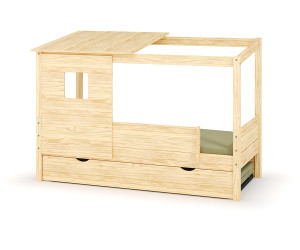 Ma Chambre d'Enfant Lit cabane gigogne enfant et matelas Combeebed  Bois naturel 90x200 cm Sans caches sommier Avec toit et porte 1 barrière Matelas