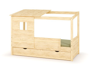 Ma Chambre d'Enfant Lit cabane gigogne enfant et matelas Combeebed  Bois naturel 90x200 cm Avec caches sommier Avec toit et porte 1 barrière Matelas