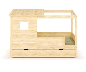 Ma Chambre d'Enfant Lit cabane gigogne enfant et matelas Combeebed  Bois naturel 90x200 cm Sans caches sommier Avec toit et porte 2 barrières Matelas