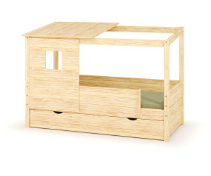 Ma Chambre d'Enfant Lit cabane gigogne enfant et matelas Combeebed  Bois naturel 90x200 cm Avec caches sommier Avec toit et porte 2 barrières Matelas