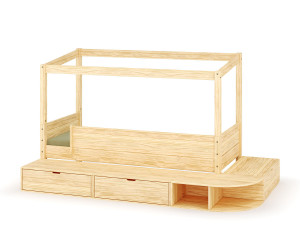 Ma Chambre d'Enfant Lit cabane enfant avec estrade et matelas Combeebed  Bois naturel 90x200 cm Sans toit et porte 1 barrière Matelas Airfresh 15 cm