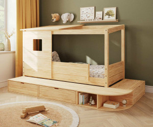 Ma Chambre d'Enfant Lit cabane enfant avec estrade et matelas Combeebed  Bois naturel 90x200 cm Avec toit et porte Sans barrière Matelas Norway 13 cm