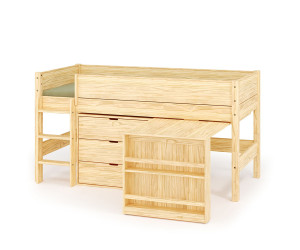 Ma Chambre d'Enfant Lit mi-hauteur avec bureau Combeebed  Bois naturel 90x200 cm Echelle grand côté 1 bureau + 1 commode
