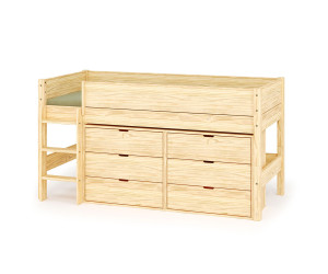 Ma Chambre d'Enfant Lit mi-hauteur enfant avec rangement et matelas Combeebed  Bois naturel 90x200 cm Echelle grand côté 2 commodes Matelas Airfresh