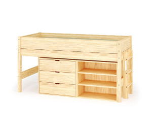 Ma Chambre d'Enfant Lit mi-hauteur enfant avec rangement et matelas Combeebed  Bois naturel 90x200 cm Echelle petit côté 1 étagère + 1 commode Matelas