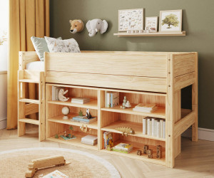 Ma Chambre d'Enfant Lit mi-hauteur enfant avec rangement et matelas Combeebed  Bois naturel 90x200 cm Echelle grand côté 2 étagères Matelas Norway 13