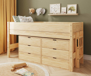 Ma Chambre d'Enfant Lit mi-hauteur enfant avec rangement et matelas Combeebed  Bois naturel 90x200 cm Echelle petit côté 2 commodes Matelas Airfresh