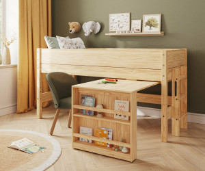 Ma Chambre d'Enfant Lit mi-hauteur enfant avec bureau et matelas Combeebed  Bois naturel 90x200 cm Echelle petit côté 1 bureau seul Matelas Airfresh