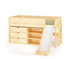 Ma Chambre d'Enfant Lit mi-hauteur enfant avec toboggan Combeebed  Bois naturel 90x200 cm 1 étagère +1 commode