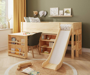 Ma Chambre d'Enfant Lit mi-hauteur enfant avec toboggan et matelas Combeebed  Bois naturel 90x200 cm 1 étagère + 1 bureau Matelas Airfresh 15 cm