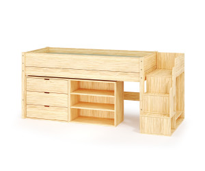 Ma Chambre d'Enfant Lit mi-hauteur enfant avec escalier Combeebed  Bois naturel 90x200 cm 1 étagère + 1 commode