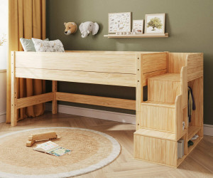Ma Chambre d'Enfant Lit mi-hauteur enfant avec escalier et matelas Combeebed  Bois naturel 90x200 cm Sans rangement et bureau Matelas Norway 13 cm