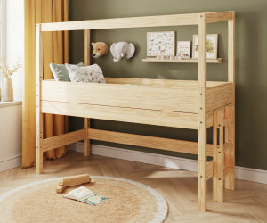 Ma Chambre d'Enfant Lit cabane mi-hauteur Combeebed  Bois naturel 90x200 cm Echelle petit côté Structure cabane uniquement
