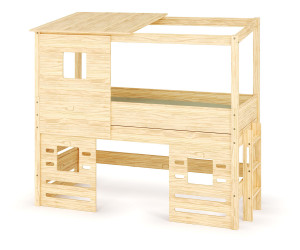 Ma Chambre d'Enfant Lit cabane mi-hauteur Combeebed  Bois naturel 90x200 cm Echelle petit côté Toit et fenêtre haut et bas