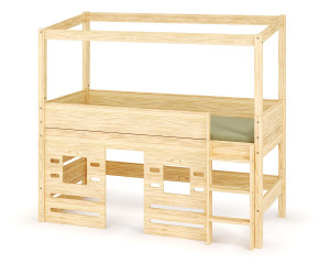 Ma Chambre d'Enfant Lit cabane mi-hauteur Combeebed  Bois naturel 90x200 cm Echelle grand côté Fenêtre bas