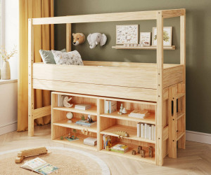 Ma Chambre d'Enfant Lit cabane mi-hauteur avec rangement Combeebed  Bois naturel 90x200 cm Echelle petit côté Structure cabane uniquement 2 étagères