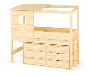 Ma Chambre d'Enfant Lit cabane mi-hauteur avec rangement Combeebed  Bois naturel 90x200 cm Echelle petit côté Toit et fenêtre haut 2 commodes