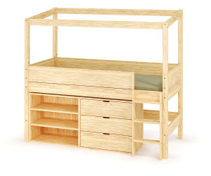 Ma Chambre d'Enfant Lit cabane mi-hauteur avec rangement Combeebed  Bois naturel 90x200 cm Echelle grand côté Structure cabane uniquement 1 étagère +