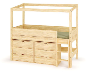 Ma Chambre d'Enfant Lit cabane mi-hauteur avec rangement Combeebed  Bois naturel 90x200 cm Echelle grand côté Structure cabane uniquement 2 commodes