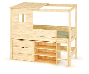 Ma Chambre d'Enfant Lit cabane mi-hauteur avec rangement Combeebed  Bois naturel 90x200 cm Echelle grand côté Toit et fenêtre haut 1 étagère + 1