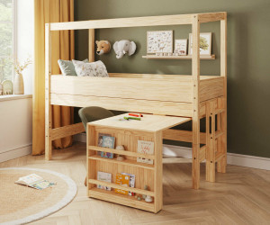 Ma Chambre d'Enfant Lit cabane mi-hauteur avec bureau Combeebed  Bois naturel 90x200 cm Echelle petit côté Structure cabane uniquement Sans rangement