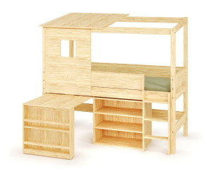 Ma Chambre d'Enfant Lit cabane mi-hauteur avec bureau Combeebed  Bois naturel 90x200 cm Echelle grand côté Toit et fenêtre haut 1 étagère