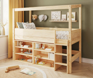Ma Chambre d'Enfant Lit cabane mi-hauteur avec rangement et matelas Combeebed  Bois naturel 90x200 cm Echelle grand côté Structure cabane uniquement 2