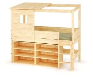 Ma Chambre d'Enfant Lit cabane mi-hauteur avec rangement et matelas Combeebed  Bois naturel 90x200 cm Echelle grand côté Toit et fenêtre haut 2