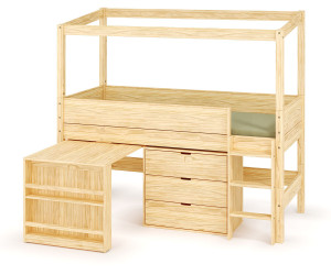 Ma Chambre d'Enfant Lit cabane mi-hauteur avec bureau et matelas Combeebed  Bois naturel 90x200 cm Echelle grand côté Structure cabane uniquement 1